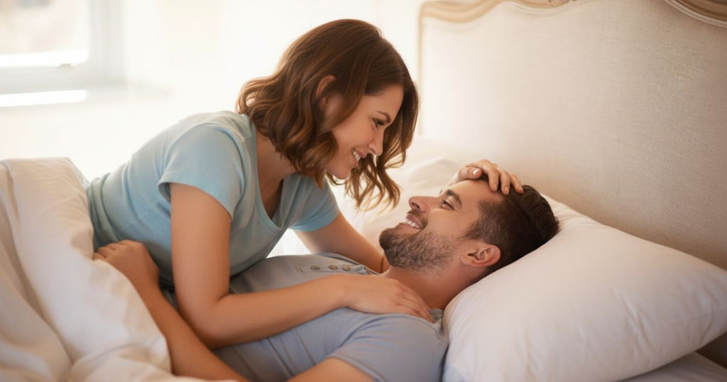 A happy couple sharing a close moment at home to improve their intimacy and connection.