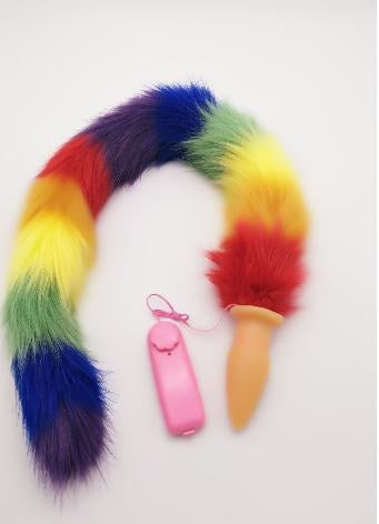 Silver Anal Plug with Rainbow Fox Tail - Medium