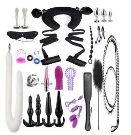 21-Piece BDSM Beginner's Bondage Set with Leather Whip