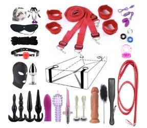 25-Piece BDSM Beginner's Bondage Set with Leather Whip - Red