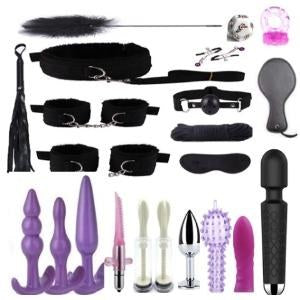 23-Piece BDSM Beginner's Bondage Set with Vibrator - Black & Purple