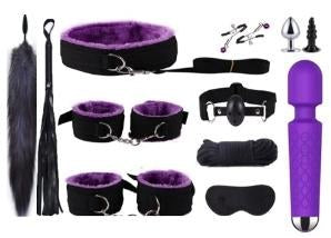 14-Piece BDSM Beginner's Bondage Set with Vibrator - Purple