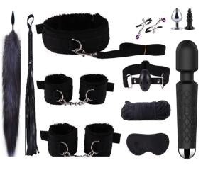 14-Piece BDSM Beginner's Bondage Set with Vibrator - Black