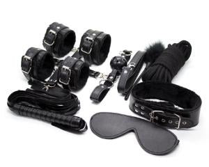 13-Piece Bondage Restraint Full Set with Hogtie, Whip & Nipple Clamps