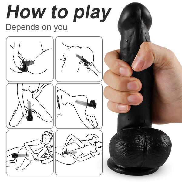 Curved Realistic Dildo with Balls and Suction Cup Black
