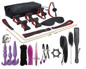 23-Piece BDSM Beginner's Bondage Set - Black & Red