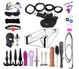 25-Piece BDSM Beginner's Bondage Set with Leather Whip - Black