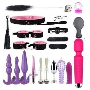 23-Piece BDSM Beginner's Bondage Set with Vibrator - Pink & Purple