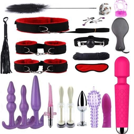 23-Piece BDSM Beginner's Bondage Set with Vibrator - Red & Purple