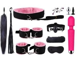 14-Piece BDSM Beginner's Bondage Set with Vibrator - Pink
