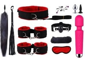 14-Piece BDSM Beginner's Bondage Set with Vibrator - Red
